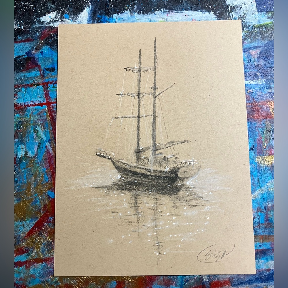 Ship seascape charcoal pastel painting original handmade nautical artwork